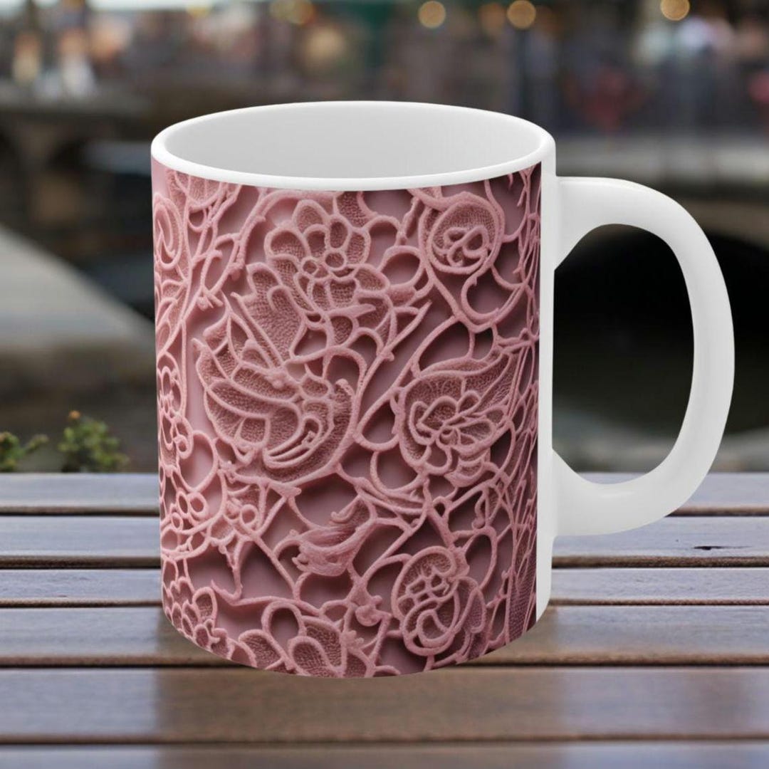 Pink Lace 3-D Look White Ceramic Mug, 11 Oz. Size - Etsy