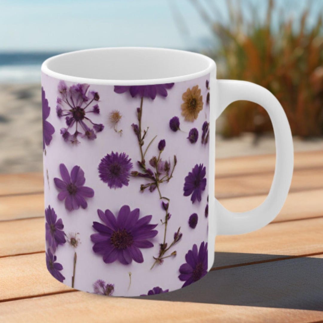 Purple Pressed Flowers Design White Ceramic Mug - Etsy