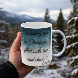 Taza de acuarela personalizada con forma de tarjeta navideña / 11 oz / Taza con sentimiento / Alternativa a la tarjeta navideña / Regalo para mamá / Cocina navideña / Regalo único