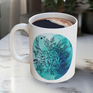 Floral blue bird watercolor ceramic coffee mug white | Elegant botanical bird cup nature lover | Artistic blue watercolor line art drinkware