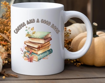 Taza de cerámica blanca "Café y un buen libro" / Tamaños de 11 y 15 oz