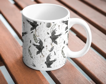 Birds, Moons and Branches Pattern Black and White 11 oz. Coffee Cup, Coffee Cups, Bird and Moon Pattern, Gift for him or her, Unique gifts