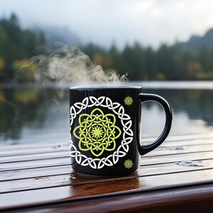 Green Celtic Knot design black Ceramic Mug (11oz), Irish gift ideas, St. Patrick&#39;s Day, Knotwork, interwoven knot, Unique design, March