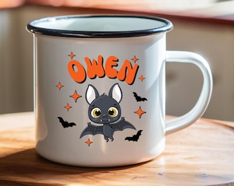 Personalisierte Halloween-Fledermaus Emaille Camp Tasse | Personalisierte Kindertasse, 12oz