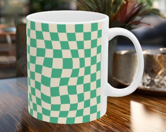 Teal and white wavy checkered white ceramic Mug, 11oz size