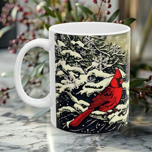 Winter Cardinal Ceramic Mug | Snowy Bird Coffee Cup | Holiday Season Gift | Christmas Cardinal Drinkware | Winter Bird Hot Cocoa Present