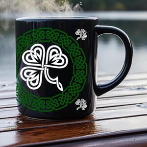 Celtic Knot Shamrock black ceramic Mug | Irish gift idea | St. Patrick&#39;s Day Knotwork coffee cup | Beautiful design Green Leaf | Lucky decor