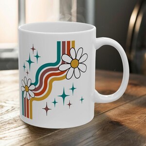 Retro rainbow daisy coffee mug white ceramic | Groovy 70s flower power gift vintage | Cheerful cute 60s aesthetic floral drinkware present