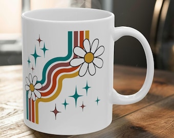 Retro Daisy Coffee Mug | 70s Rainbow Floral Ceramic Drinkware