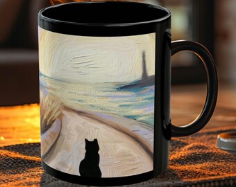 Gatto nero in un dipinto Tazza in ceramica nera / formato 11 oz