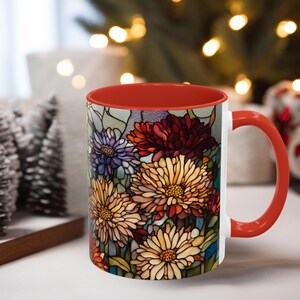 Birth Flower Stained Glass Design Coffee Mug 11 oz.  Unique colorful Gift for Mom, Sister, Daughter, Friend, Art Collectible, Chrysanthemums