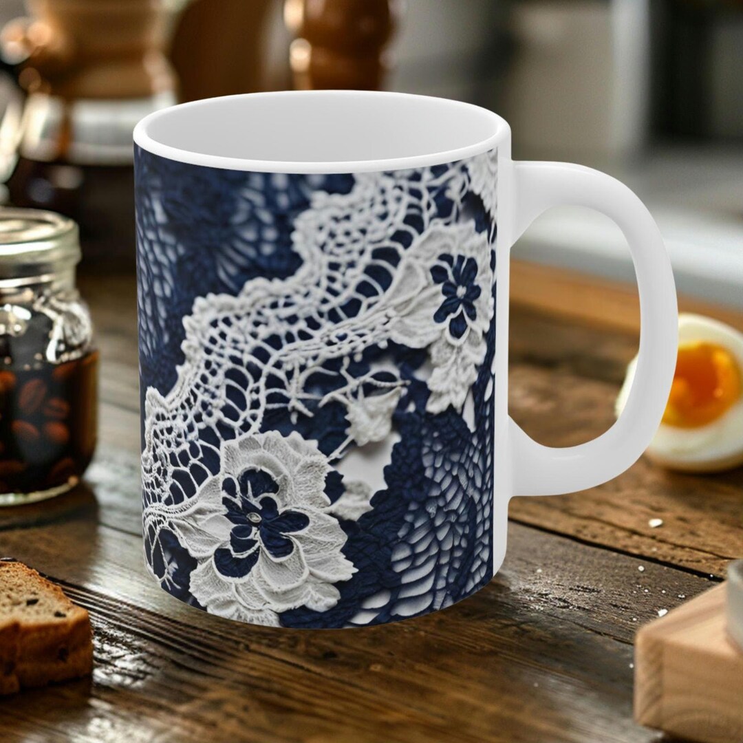 Blue and White 3D Lace Design White Ceramic Mug, 11 Oz. Size - Etsy