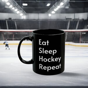 Eat, Sleep, Hockey, Repeat Black ceramic Mug (11oz), funny mugs, gift ideas, hockey mug, hockey gift ideas, funny coffee cups, humorous