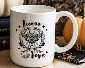 Taza de cerámica blanca Lunar Love Witchy Celestial Moth / Tamaño de 325 ml / Taza de café de Halloween