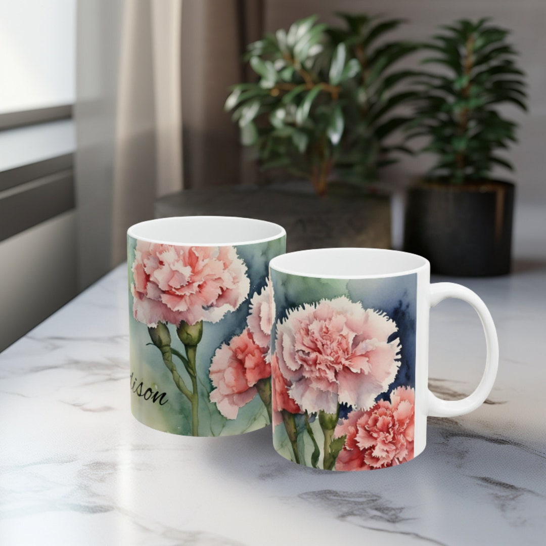 Personalized Pink Carnation Flower Ceramic Mug - Custom Name Tea/Coffee Cup 11oz Or 15oz, Floral Gift