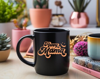 Happy Mama Black and Peach Ceramic Coffee Cup 11oz) Coffee Cup Mama gift, Mother's Day mug, Gift for Mom, Mom's Birthday, Great gift for Mom