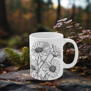 April birth flower daisy floral design white ceramic mug 11 oz. | gift for wife or Mom | April birthday |  floral cup | Flower lover | Mama