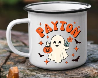 Personalisierte Geister-Lagerfeuer-Tasse | Halloween-Email-Trinkgefäß