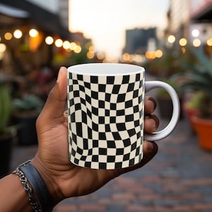 Retro wavy black and whited checkered Mug 11oz, retro gifts for her or him, retro coffee cup, retro design, unique birthday gift ideas