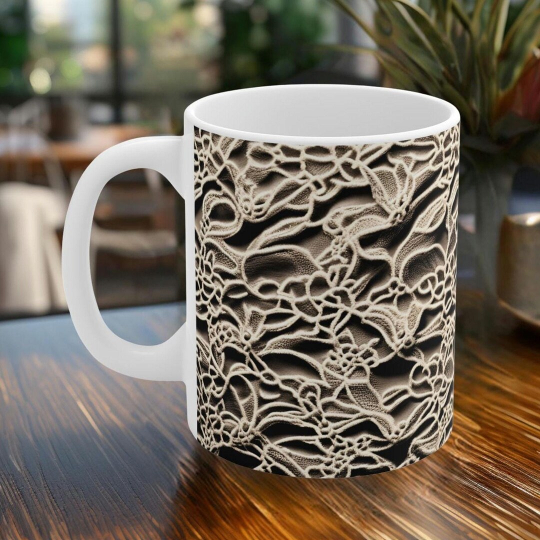 Gray and Beige Dark Lace 3D Design, 11 Oz. White Ceramic Mug - Etsy