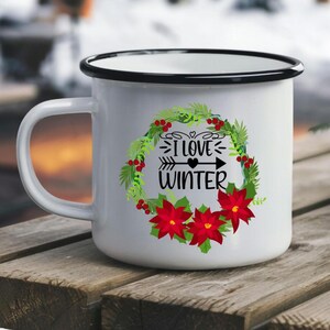 Winter saying wreath Camp Cup | Holiday gift | Durable Campfire Coffee Mug | Christmas Hot Cocoa | cute camping gear | Seasonal Enamel mug