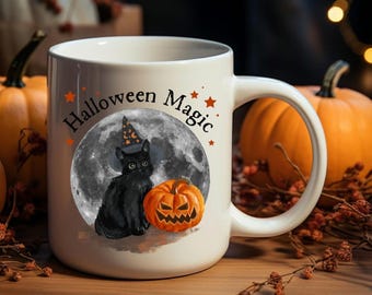 Taza de cerámica blanca con diseño de gato negro y calabaza / Tamaños de 11 y 15 oz