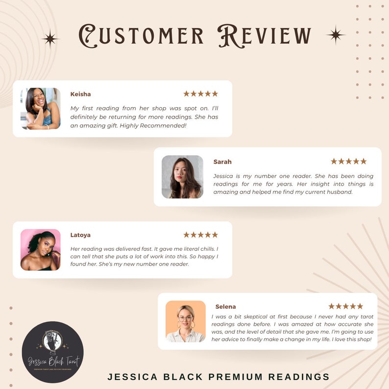 May include: A collage of customer reviews for Jessica Black Tarot, featuring four women with their testimonials and five-star ratings. The reviews highlight the accuracy of the readings, the positive impact on their lives, and the overall positive experience.