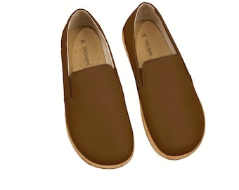 Herren Handgefertigte Leder Barfuß Slip-Ons - Braun Türkisch Jemenit Breite Toe Box Loafers - Organische Erdungsschuhe - Zero Drop Sole Slip-Ons