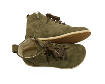 Women&#39;s Handmade Barefoot Green Suede Tie Boots With Zipper - Turkish Handmade Sustainable Leather Short Boots - Zero Drop Sole Winter Shoes
