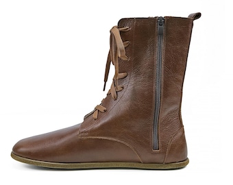 Herren Barfußstiefel | Handmade Langarm Braun Stiefel | Ledersohlen Bio Winterstiefel | Zero Drop Sole Breit Zeh Zip Tie Boots