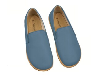 Handgjorda jeans blå barfota slip-ons med noll droppsula för kvinnor - jordskor i ekologiskt läder - turkiska slip-ons med bred tå