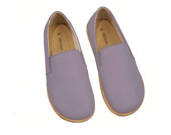Damskie ręcznie robione szarobrązowe boso z podeszwą Zero Drop Slip-Ons - ekologiczne skórzane buty Earthing - tureckie szerokie buty Toe Box Slip-Ons