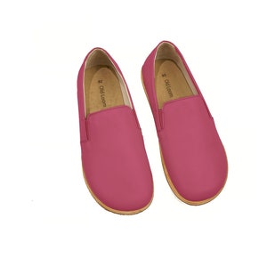 Women's Handmade Fuschia Barefoot Zero Drop Sole Slip-Ons - Organic Leather Earthing Shoes - Turkish Wide Toe Box Slip-Ons