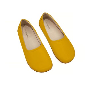 Women's Handmade Mustard Flat Ballet Shoes - Zero Drop Sole Ballerina Shoes - Genuine Leather Wide Toe Box Slip-Ons