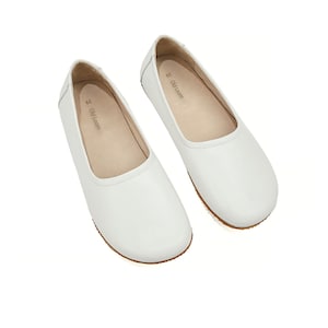 Women's Handmade White Flat Ballet Shoes - Zero Drop Sole Ballerina Shoes - Genuine Leather Wide Toe Box Slip-Ons