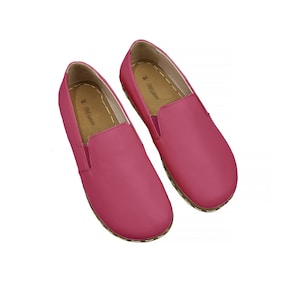 Women's Handmade Fuschia Barefoot Zero Drop Sole Slip-Ons - Organic Leather Earthing Shoes - Turkish Wide Toe Box Slip-Ons