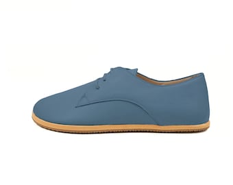 Women's Barefoot Jeans Blue Oxford Shoes - Wide Toe Box Rubber Sole Oxford Vintage Shoes - Zero Drop Sole Organic Leather Tie Shoes