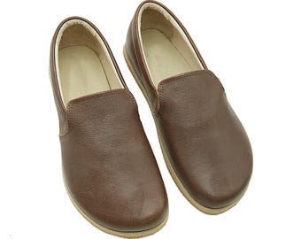 Men's Handmade Dark Brown Leather Barefoot Loafers: Wide Toe Zero Drop Slip-Ons