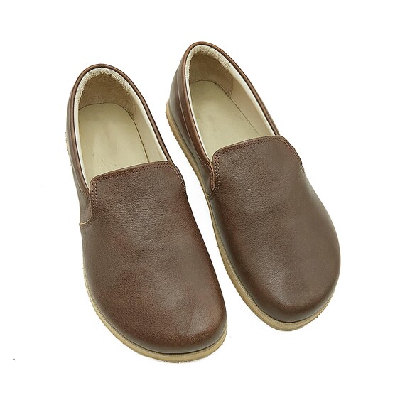 Men's Handmade Dark Brown Leather Barefoot Loafers: Wide Toe Zero Drop  Slip-Ons