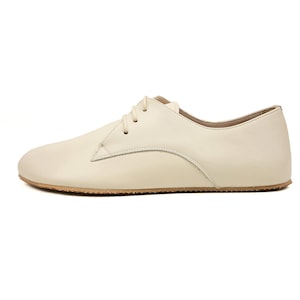 Women&#39;s Barefoot Cream Oxford Shoes - Wide Toe Box Rubber Sole Oxford Vintage Shoes - Zero Drop Sole Organic Leather Tie Shoes