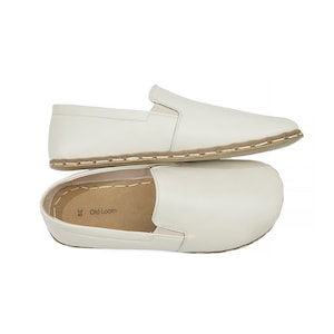 Women's Handmade White Barefoot Zero Drop Sole Slip-Ons - Organic Leather Earthing Shoes - Turkish Wide Toe Box Slip-Ons