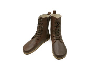 Handmade Barefoot Long Sleeve Dark Brown Boots - Rubber Soled Organic Winter Boots - Zero Drop Sole Wide Toe Box Zipped Tie Boots