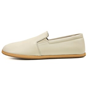 Women's Handmade Cream Barefoot Zero Drop Sole Slip-Ons - Organic Leather Earthing Shoes - Turkish Wide Toe Box Slip-Ons