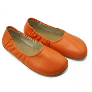 Women's Handmade Orange Flat Ballet Shoes - Zero Drop Sole Ballerina Shoes - Genuine Leather Wide Toe Box Slip-Ons