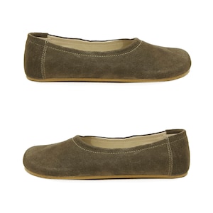 Echtes Leder Wildleder Grüne Flache Ballerinas - Damen Barfuß Bequeme Ballettschuhe - Unter Kleid Zero Drop Sole Erdungs Slip-Ons