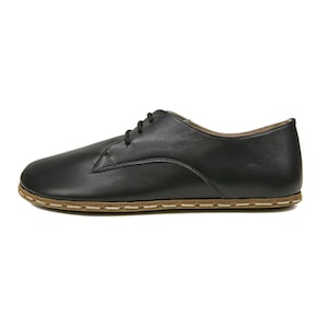 Men&#39;s Handmade Barefoot Oxford Black Tie Shoes - Zero Drop Sole Tie Shoes - Genuine Leather Vintage Oxford Grounding Shoes