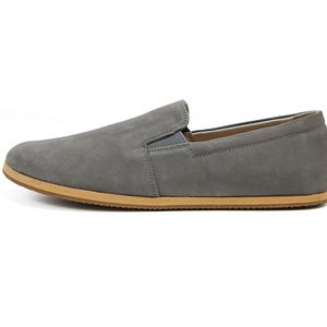 Women's Handmade Nubuck Gray Barefoot Zero Drop Sole Slip-Ons - Organic Leather Earthing Shoes - Turkish Wide Toe Box Slip-Ons