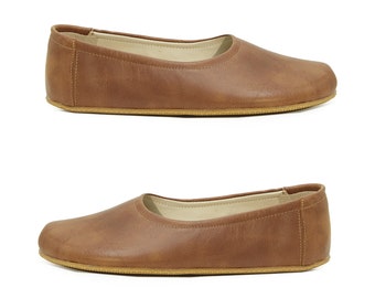 Genuine Leather Tan Flat Ballerinas - Women's Barefoot Comfy Ballet Shoes - Under Dress Zero Drop Sole Grounding Slip-Ons