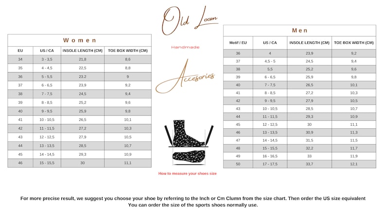 May include: A shoe size chart with measurements in centimetres and US sizes. The chart is divided into two sections: Women and Men. The chart includes insole length and toe box width.