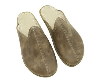 Handmade Mink Grey Leather Barefoot Slippers - Wide Toe Box